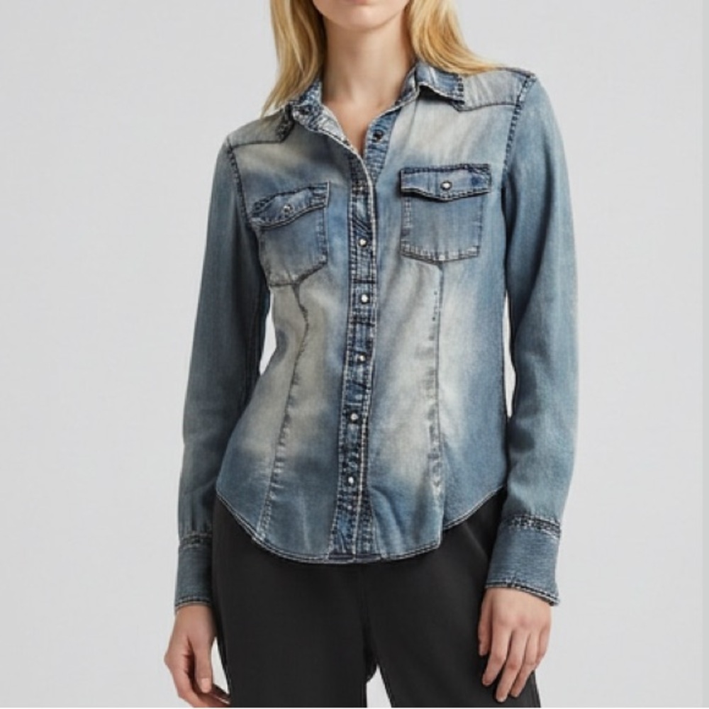 J. Crew Western snap shirt Small distressed denim Chambray top vintage EUC